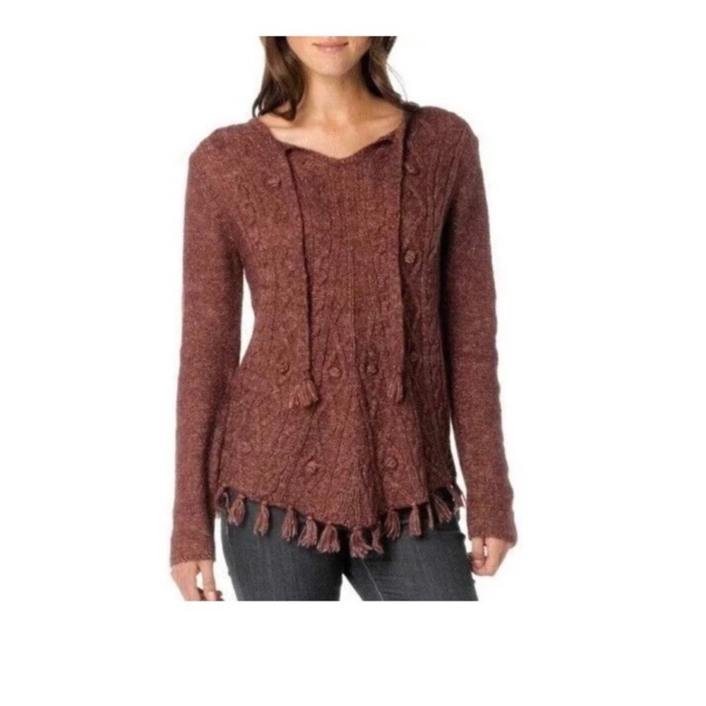PrAna Shelby Poncho Sweater Brown Cableknit Fringe Trim  Womens Medium